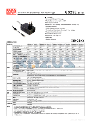 GS25E28-P1J datasheet - 20~25WAC-DC Single Output Wall-mounted type