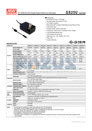 GS25U09-P1J datasheet - 20~25WAC-DC Single Output Wall-mounted type