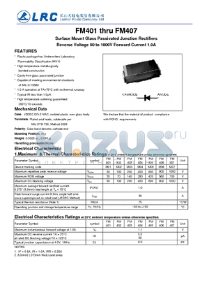 FM401 datasheet - Surface Mount Glass Passivated Junction Rectifiers Reverse Voltage 50