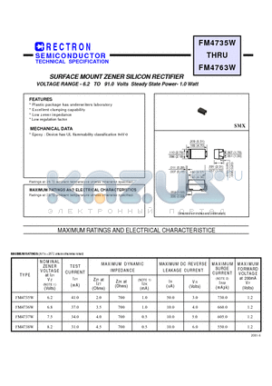FM4736W datasheet - SURFACE MOUNT ZENER SILICON RECTIFIER (VOLTAGE RANGE - 6.2 TO 91.0 Volts Steady State Power- 1.0 Watt)