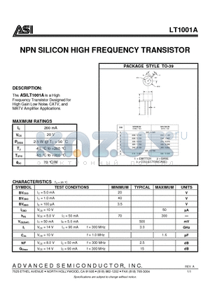 LT1001A datasheet - NPN SILICON HIGH FREQUENCY TRANSISTOR