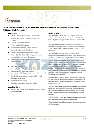 GS2975ACNTE3Z datasheet - HD-LINX^ III Multi-Rate SDI Automatic Reclocker with Dual Differential Outputs