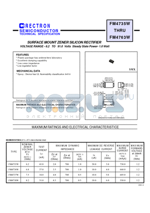 FM4749W datasheet - SURFACE MOUNT ZENER SILICON RECTIFIER (VOLTAGE RANGE - 6.2 TO 91.0 Volts Steady State Power- 1.0 Watt)