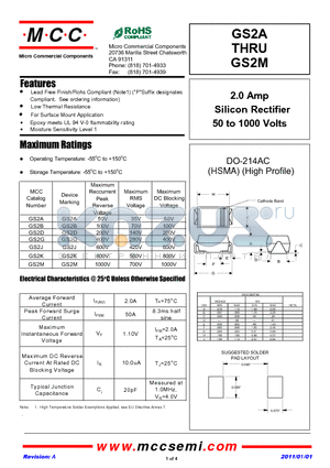 GS2K datasheet - 2.0 Amp Silicon Rectifier 50 to 1000 Volts