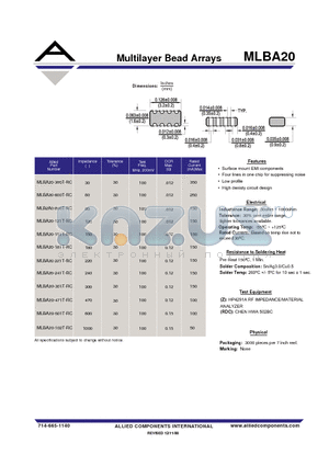 MLBA20-221T-RC datasheet - Multilayer Bead Arrays