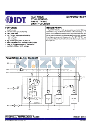 IDT74FCT161CT datasheet - FAST CMOS SYNCHRONOUS PRESETTABLE BINARY COUNTER