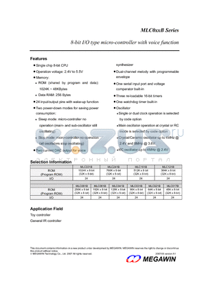 MLC041B datasheet - 8-bit I/O type micro-controller with voice function