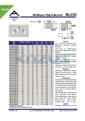 MLC05-150K-RC datasheet - Multilayer Chip Inductors