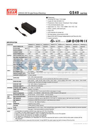 GS40A12-P1J datasheet - 40WAC-DC Single Output Desktop
