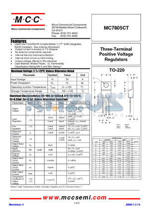 MC7805CT-BP datasheet - Three-Terminal Positive Voltage Regulators