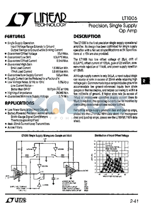 LT1006 datasheet - Precision, Single Supply Op Amp