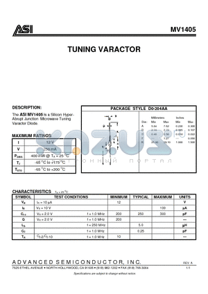 MV1405 datasheet - Silicon Hyper-Abrupt Junction Microwave Tuning Varactor Diode