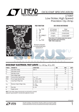 LT1007CDICE datasheet - Low Noise, High Speed Precision Op Amp