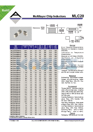 MLC20-R27M-RC datasheet - Multilayer Chip Inductors
