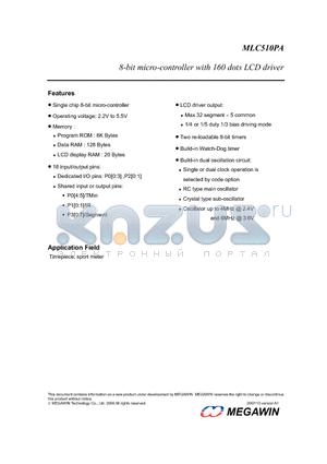 MLC510PA datasheet - 8-bit micro-controller with 160 dots LCD driver