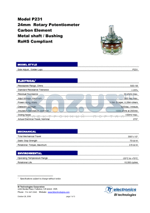 P231-QC20CR100K datasheet - 24mm Rotary Potentiometer Carbon Element Metal shaft / Bushing RoHS Compliant