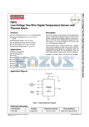 FM75 datasheet - Low-Voltage Two-Wire Digital Temperature Sensor with Thermal Alarm