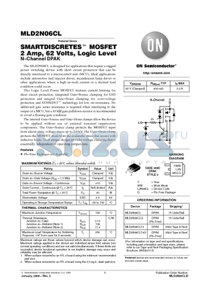 MLD2N06CLT4 datasheet - SMARTDISCRETES TM MOSFET 2 Amp, 62 Volts, Logic Level N−Channel DPAK