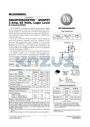 MLD2N06CLT4G datasheet - SMARTDISCRETES TM MOSFET 2 Amp, 62 Volts, Logic Level N−Channel DPAK