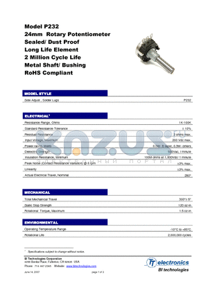 P232-DEA30BR100K datasheet - 24mm Rotary Potentiometer Sealed/ Dust Proof Long Life Element 2 Million Cycle Life Metal Shaft/ Bushing RoHS Compliant