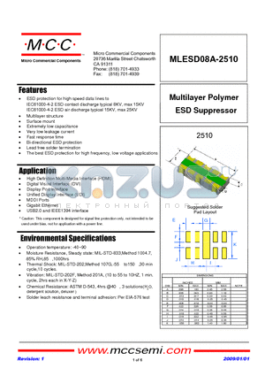 MLESD08A-2510-TP datasheet - Multilayer Polymer ESD Suppressor