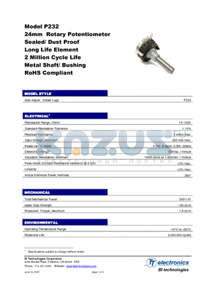 P232-DEC30BR100K datasheet - 24mm Rotary Potentiometer Sealed/ Dust Proof Long Life Element 2 Million Cycle Life Metal Shaft/ Bushing RoHS Compliant