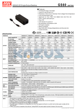 GS60A48-P1J datasheet - 60WAC-DC Single Output Desktop