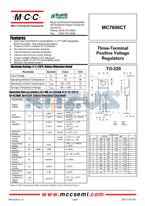 MC7808CT-BP datasheet - Three-Terminal Positive Voltage Regulators