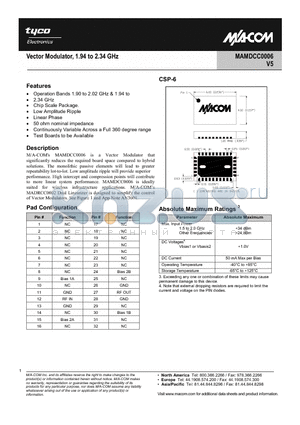 MAMDCC0006-DC000 datasheet - Vector Modulator, 925 to 960 MHz