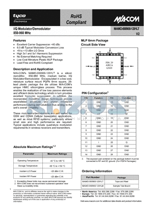 MAMO-000900-1291LB datasheet - I/Q Modulator/Demodulator 850 - 960 MHz