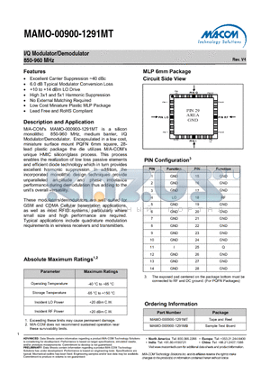 MAMO-00900-1291MT datasheet - I/Q Modulator/Demodulator 850-960 MHz