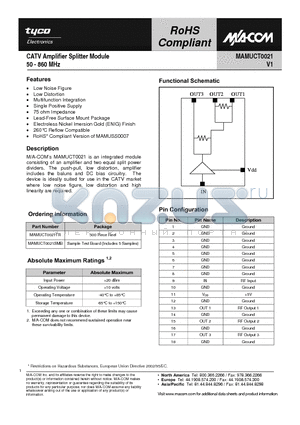 MAMUCT0021TR datasheet - CATV Amplifier Splitter Module 50 - 860 MHz