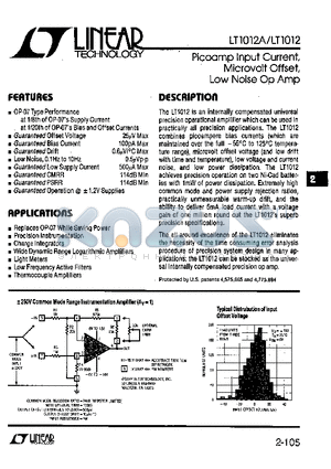 LT1012 datasheet - Picoamp Input Current, Microvolt Offset, Low Noise Op Amp