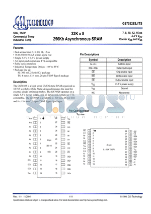 GS70328SJ-10IT datasheet - 32K x 8 256Kb Asynchronous SRAM