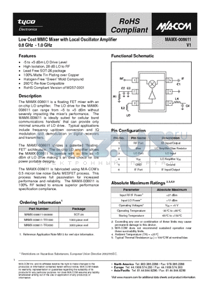 MAMX-008611-TR1000 datasheet - Low Cost MMIC Mixer with Local Oscillator Amplifier 0.8 GHz - 1.0 GHz