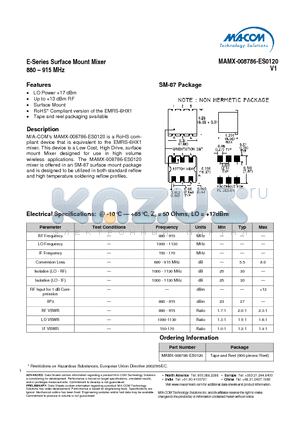 MAMX-008786-ES0120 datasheet - E-Series Surface Mount Mixer 880 - 915 MHz