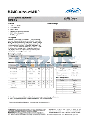 MAMX-009722-25MHLP datasheet - E-Series Surface Mount Mixer 30-512 MHz