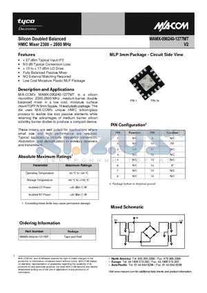 MAMX-090240-1277MT datasheet - Silicon Doubled Balanced HMIC Mixer 2300 - 2800 MHz