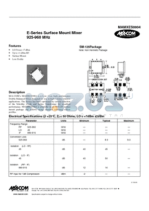 MAMXES0004 datasheet - E-Series Surface Mount Mixer 925-960 MHz