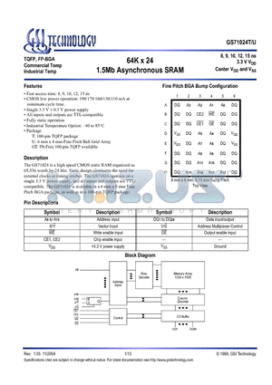 GS71024U-12I datasheet - 64K x 24 1.5Mb Asynchronous SRAM