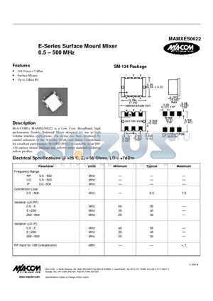 MAMXES0022 datasheet - E-Series Surface Mount Mixer 0.5 . 500 MHz