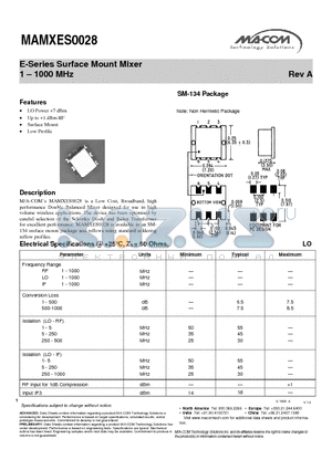 MAMXES0028 datasheet - E-Series Surface Mount Mixer 1 - 1000 MHz