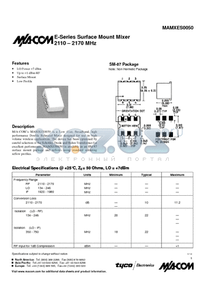 MAMXES0050 datasheet - E-Series Surface Mount Mixer 2110 - 2170 MHz