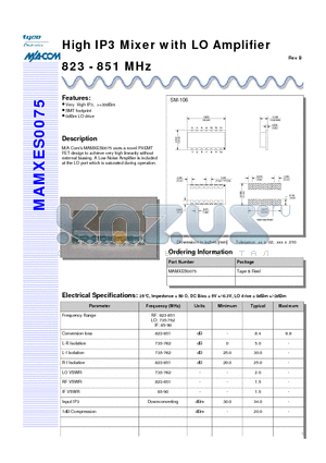 MAMXES0075 datasheet - High IP3 Mixer with LO Amplifier 823 - 851 MHz