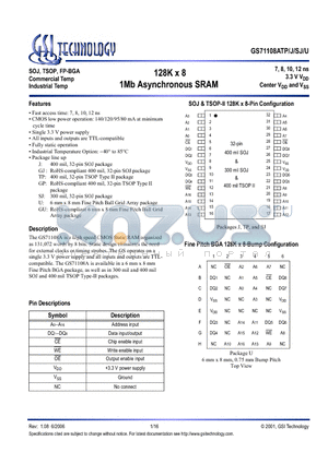 GS71108AGP-8I datasheet - 128K x 8 1Mb Asynchronous SRAM