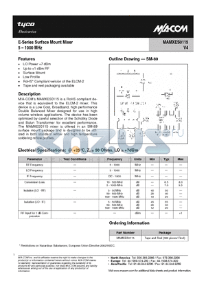 MAMXES0115 datasheet - E-Series Surface Mount Mixer 5 - 1000 MHz