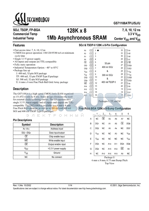 GS71108AJ-10I datasheet - 128K x 8 1Mb Asynchronous SRAM