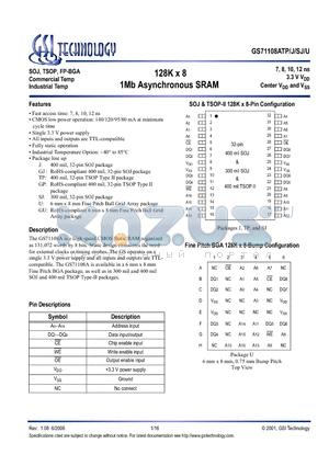 GS71108ASJ-12I datasheet - 128K x 8 1Mb Asynchronous SRAM