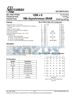 GS71108ASJ-7 datasheet - 128K x 8 1Mb Asynchronous SRAM