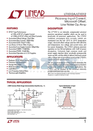 LT1012IN8 datasheet - Picoamp Input Current, Microvolt Offset, Low Noise Op Amp